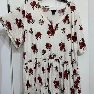 White Ruffle V-Neck with Red Roses